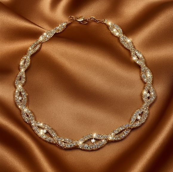 Jewelry - Gold Twisted Link Necklace w/ Sparkling Crystals – Adjustable 20" Statement